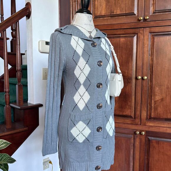 Grey White Argyle Long Sweater Top Dress Cardigan Preppy TwilightCore - Picture 4 of 5